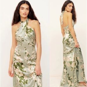 Reformation Veria Dress Size 8. Silk Tarragon Floral. Wrap Halter, Tie-back.